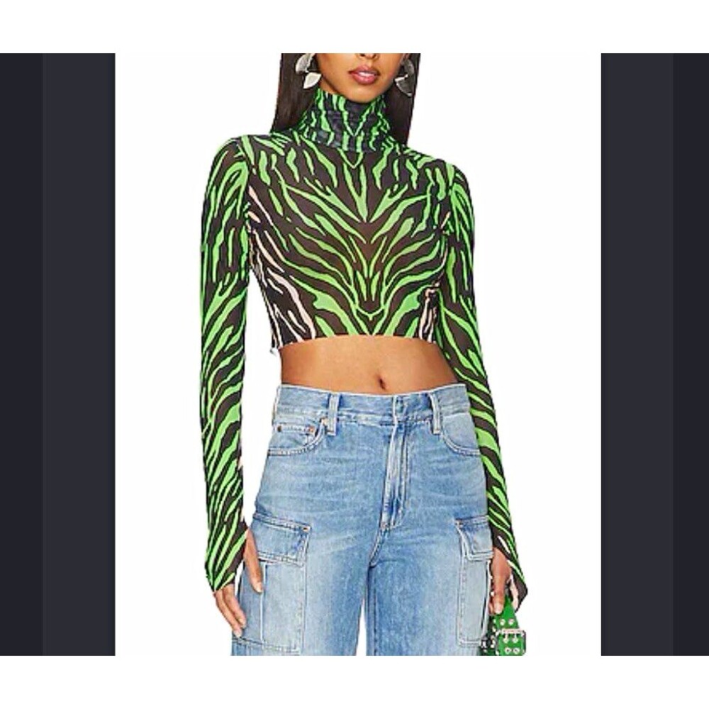 AFRM Micaela Power Mesh Mock Neck Crop Top Green Zebra Striped Long Sleeve S NEW